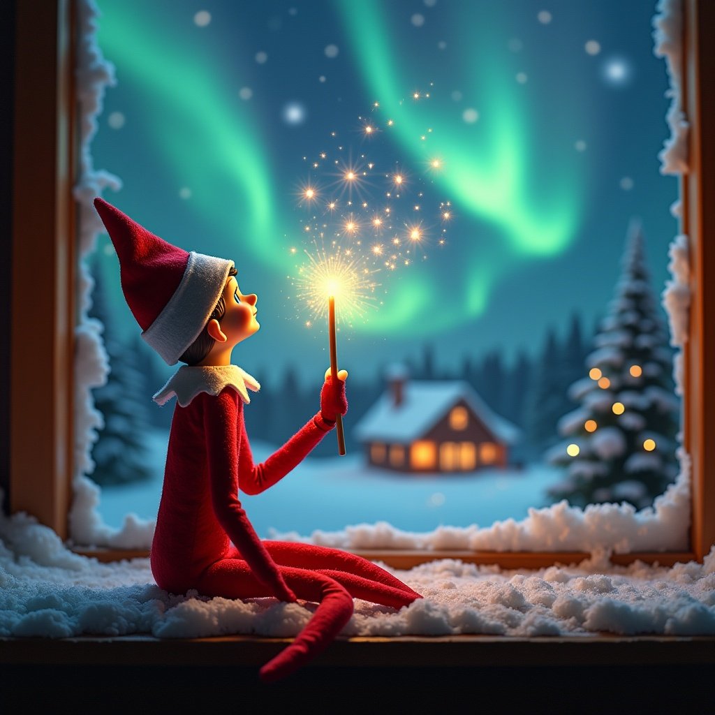 An elf on the shelf gazes skyward holding a glowing wand. In a Christmas scene, colorful northern lights illuminate the sky. A cozy house is in the distance, surrounded by snow. Magic and wonder of Christmas are evoked. The name ‘Helen, Emily & Stanley’ appears in the air from the wand.