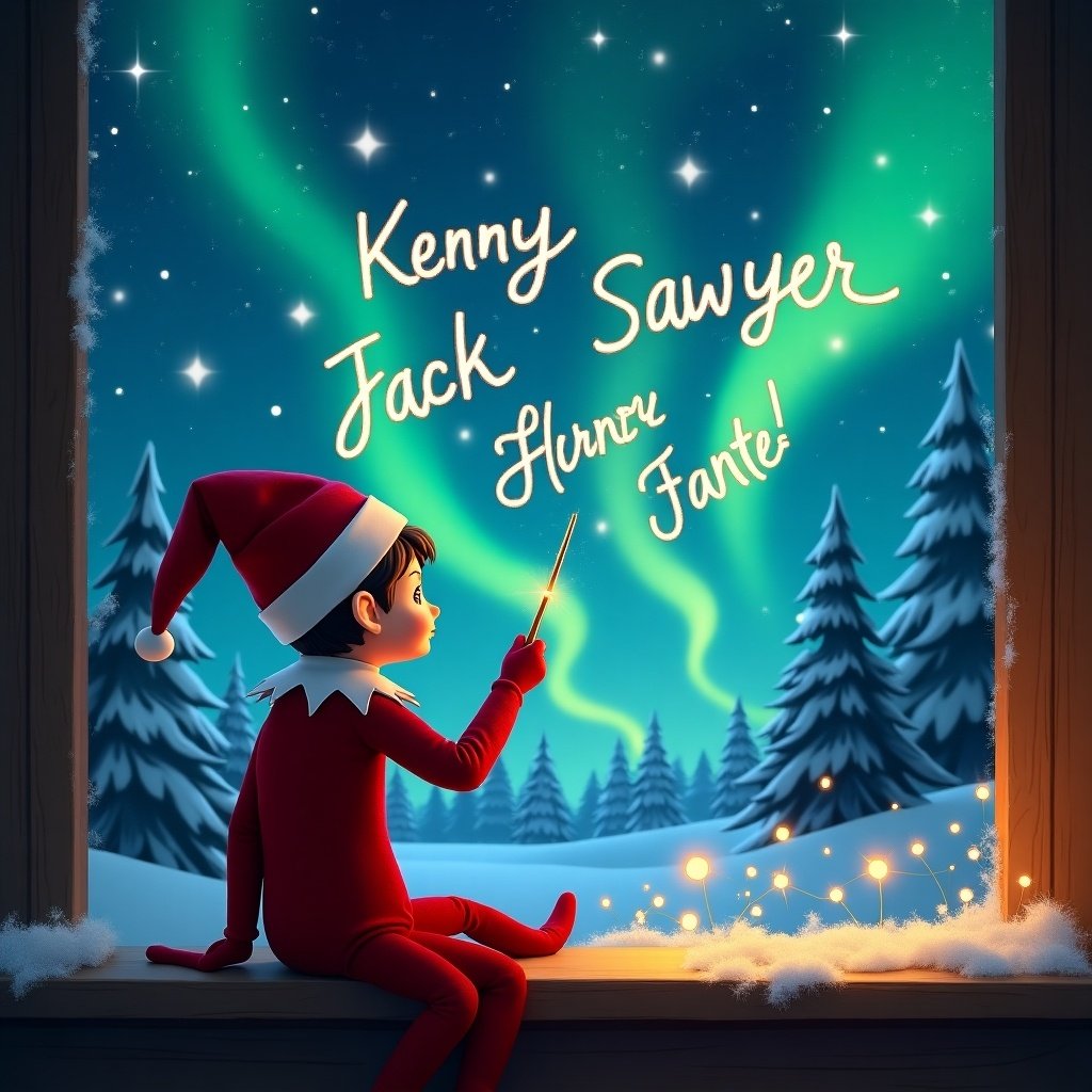 An elf on the shelf sits with its back to the viewer, gazing up at a magical sky filled with northern lights. The elf, dressed in a classic red outfit and a pointed hat, uses a wand to write names in the air. The names 'Kenny', 'Jack', 'Sawyer', and 'Henry' are artistically inscribed among the stars. The backdrop showcases a beautiful winter landscape with snow-covered trees and a shimmering sky. The scene encapsulates the joy and wonder of Christmas, aiming to evoke feelings of warmth and nostalgia.