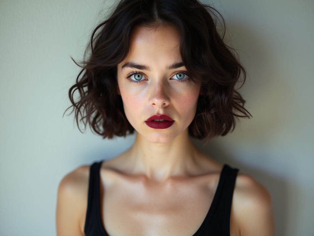 The image features a young woman with dark, chin length, curly hair and a serious expression. She has pale skin and striking blue eyes. The girl is wearing a simple black tank top that shows her shoulders. Her lips are painted a bold dark red color, giving a pop of vibrancy to the image. The background is soft and slightly textured, adding to the overall minimalist aesthetic. The lighting is natural and soft, highlighting her facial features without harsh shadows. She gazes directly at the camera, creating an engaging presence.