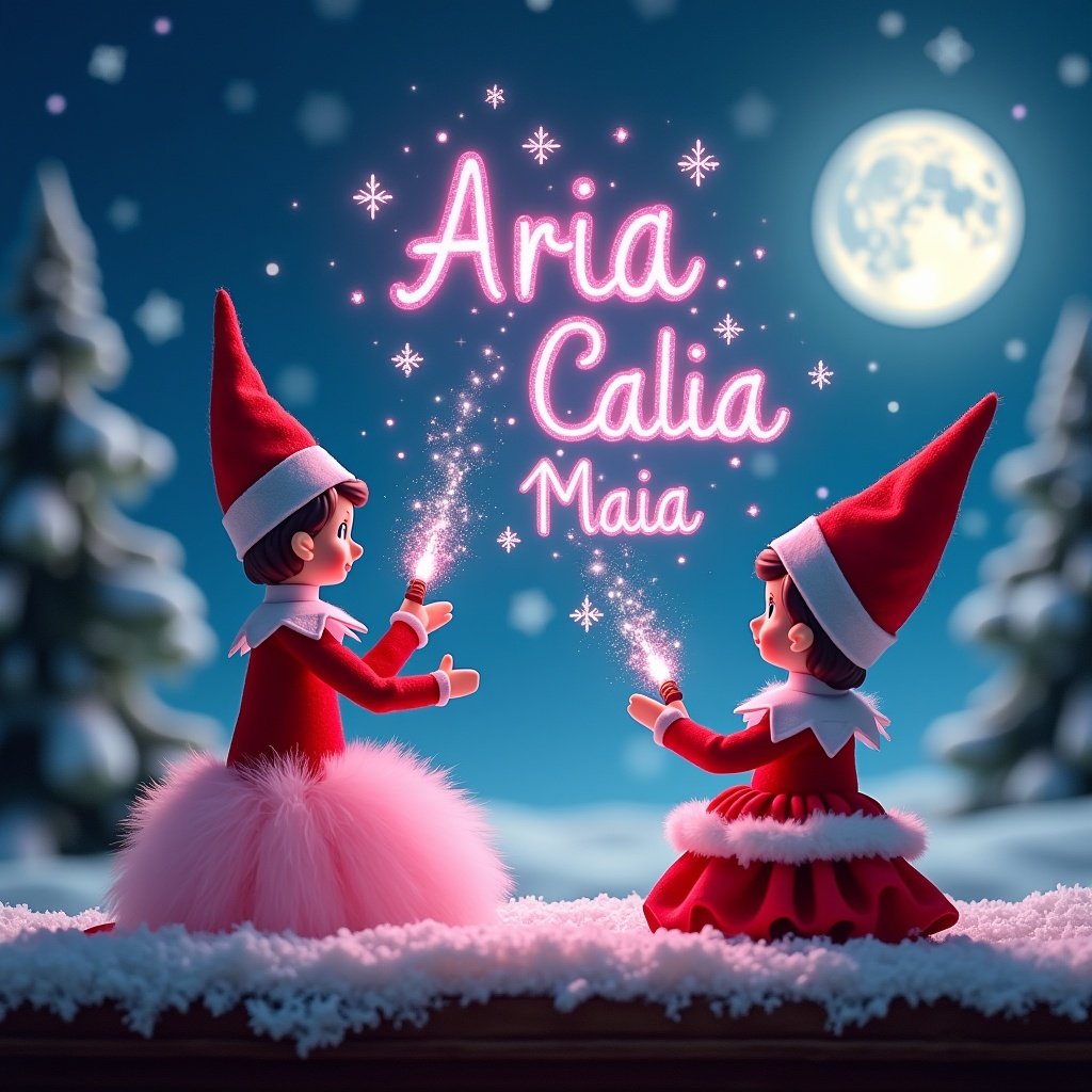 Image of two elves on a shelf with magical wands. One elf wears a pink poofy dress. Second elf wears a festive red and white dress. They are writing names in the air with sparkly pink glitter. The background has a night sky filled with stars and a bright moon. Snow covers the ground and evergreen trees surround. Names 'Aria', 'Calia', and 'Maia' glow above them.