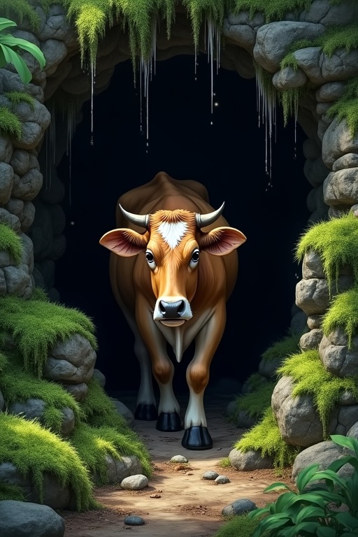 A light-brown Indian cow with a white forehead cautiously steps into a dark rocky cave. The cow shows curiosity and hesitation as she moves forward. The jagged entrance is surrounded by moss-covered stones. Damp cave walls glisten with water droplets. Stalactites hang from the ceiling creating a foreboding presence.