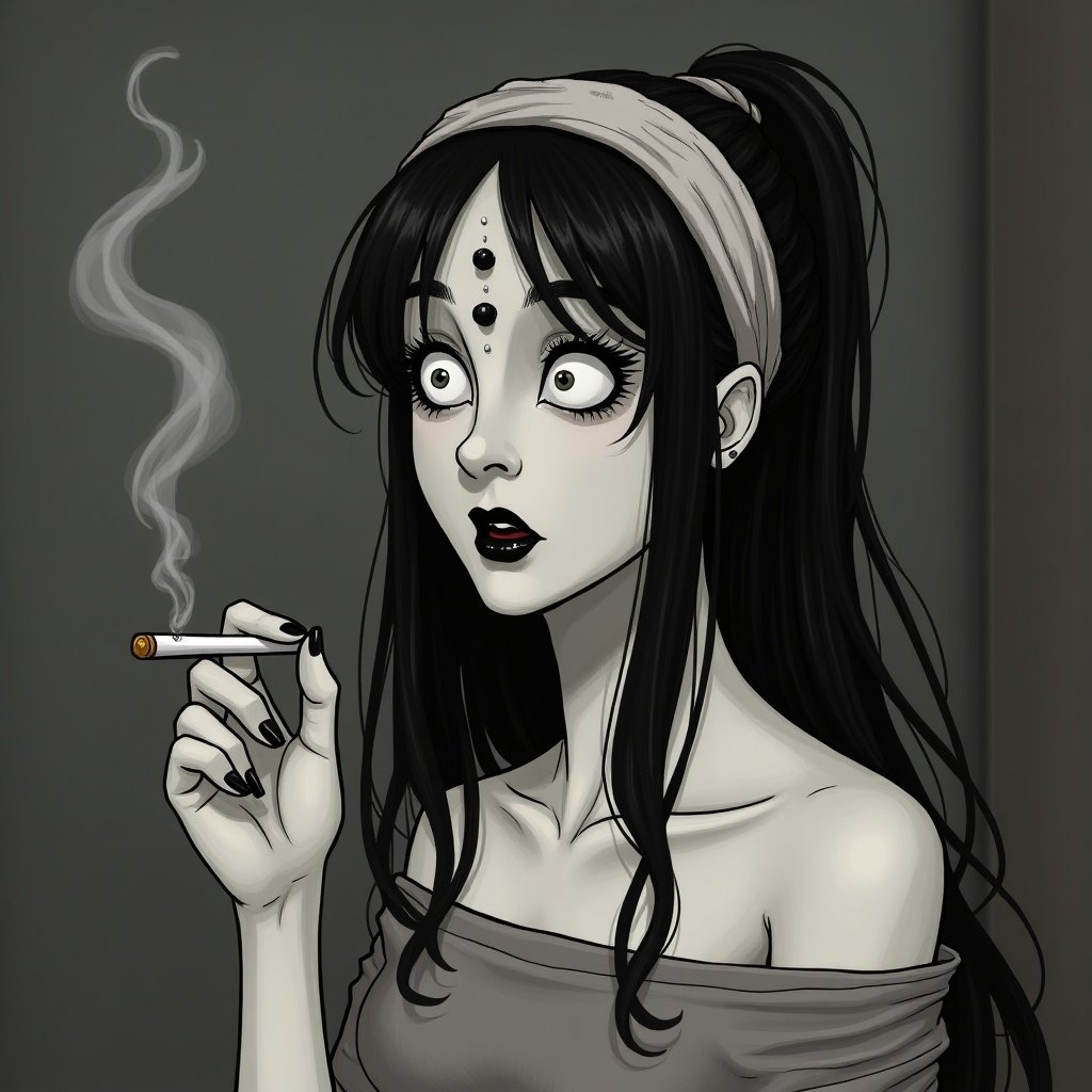 Scene shows a woman with pale skin. She has three white eyes, one on her forehead. Her black hair is long and held back with a rag. She wears a sloppy off-shoulder band-tee. Her lips are black. She holds a cigarette and appears sassy while speaking. Her eyelashes are long.