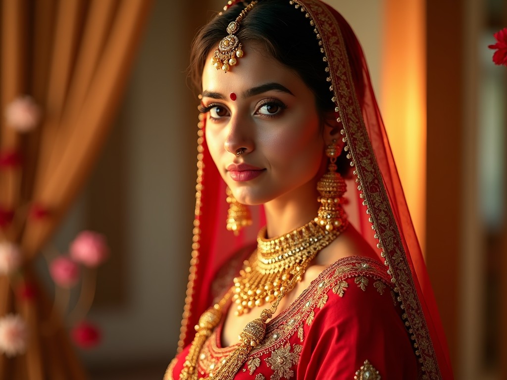 Portrait of a woman in traditional Indian bridal attire, wearing a red saree with intricate gold jewelry, captured in warm lighting.