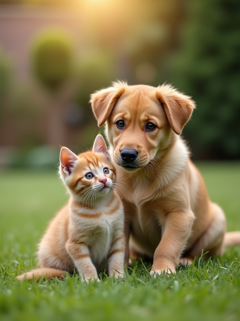 A dog and a little cat sit together in a garden. They enjoy the green grass and warm sunlight. The scene is peaceful and friendly.