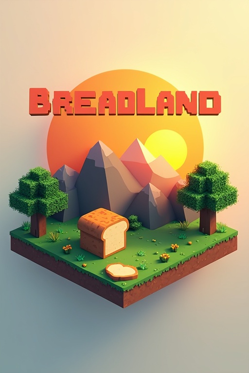 Logo design for a Minecraft server named Breadland with a pixel bread. Pixelated title 'Breadland' above. 3D Minecraft-inspired landscape featuring mountains and trees. Bright orange sunset background over a natural environment.