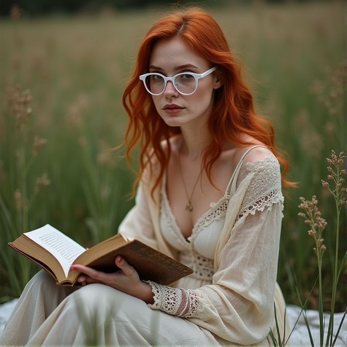 A woman with red hair and glasses sits in a grassy field reading a book.