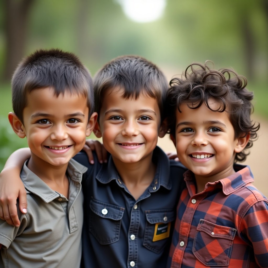 Three young boys smiling together in an outdoor setting. They are standing close to each other, showing happiness and friendship.