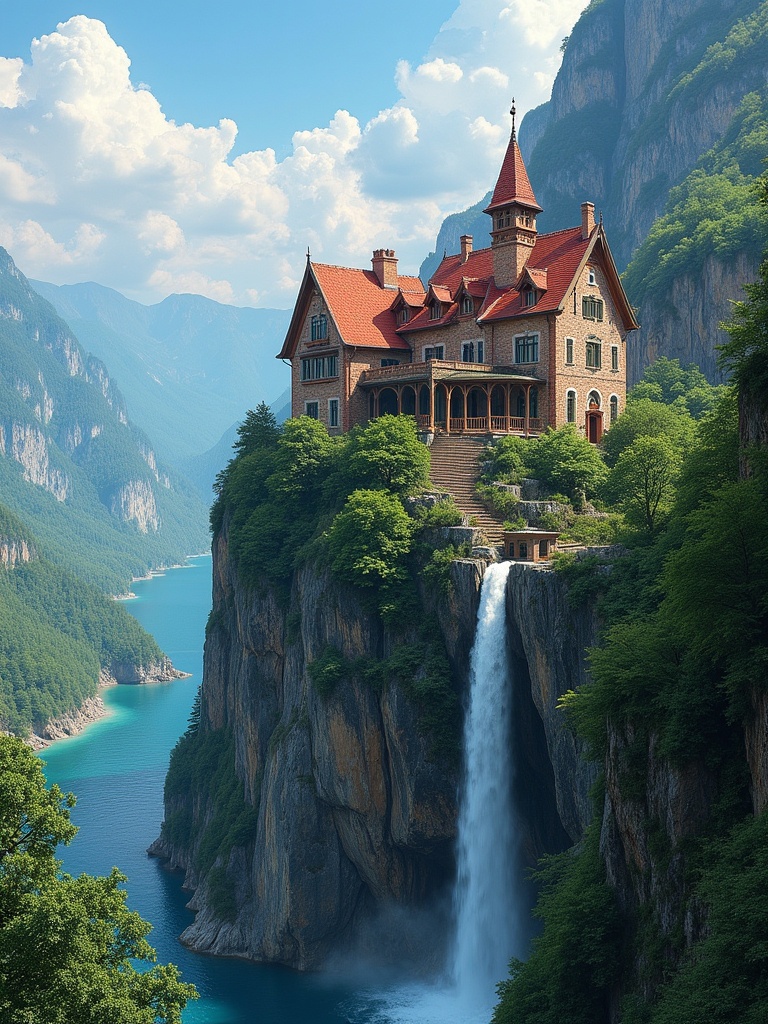 A picturesque house stands on a rugged cliff. The house has a red roof with charming brickwork. The building overlooks a deep valley. Lush forests cascade down steep mountains. Waterfalls flow off the cliffs into a blue river. The bright sky has fluffy white clouds. The scenery feels enchanting and majestic.