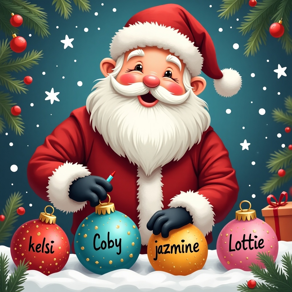 Santa drawing names on colorful baubles. Names include kelsi, Coby, jazmine, Lottie. Holiday theme with snowy background.