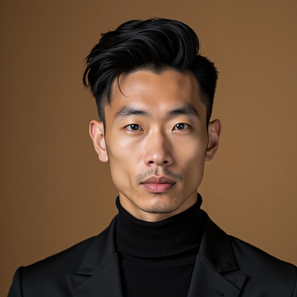 Professional clean cut man in a photo studio. He has black hair. He is 60 years old. The style features electric colors and shiny, pure colors. The image showcases pop colorism. The background is beige.