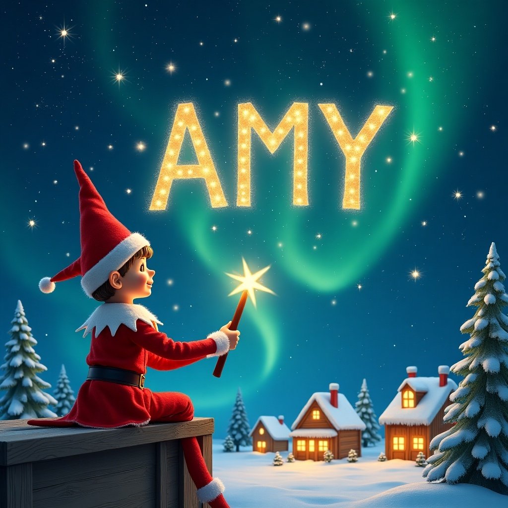 An elf dressed in a red outfit and pointed hat holds a glowing wand. The elf sits on a wooden ledge looking at a starry sky. The elf writes the name AMY in sparkling letters. Below are snowy houses and evergreen trees, illuminated by Northern Lights.