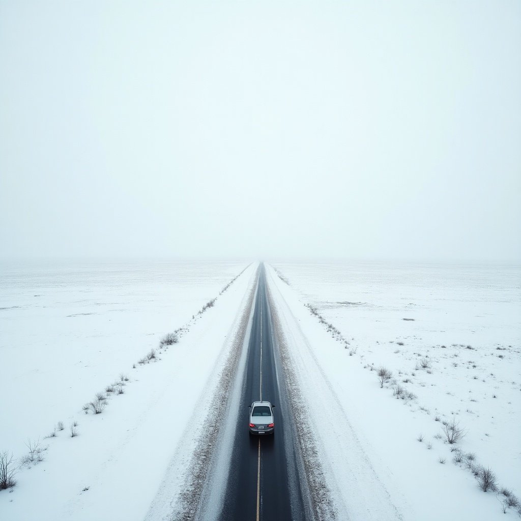 A car drives on a narrow, snow-covered road through a barren plain. The landscape is empty and white. Soft lighting gives a serene atmosphere. Aerial view creates a sense of isolation.