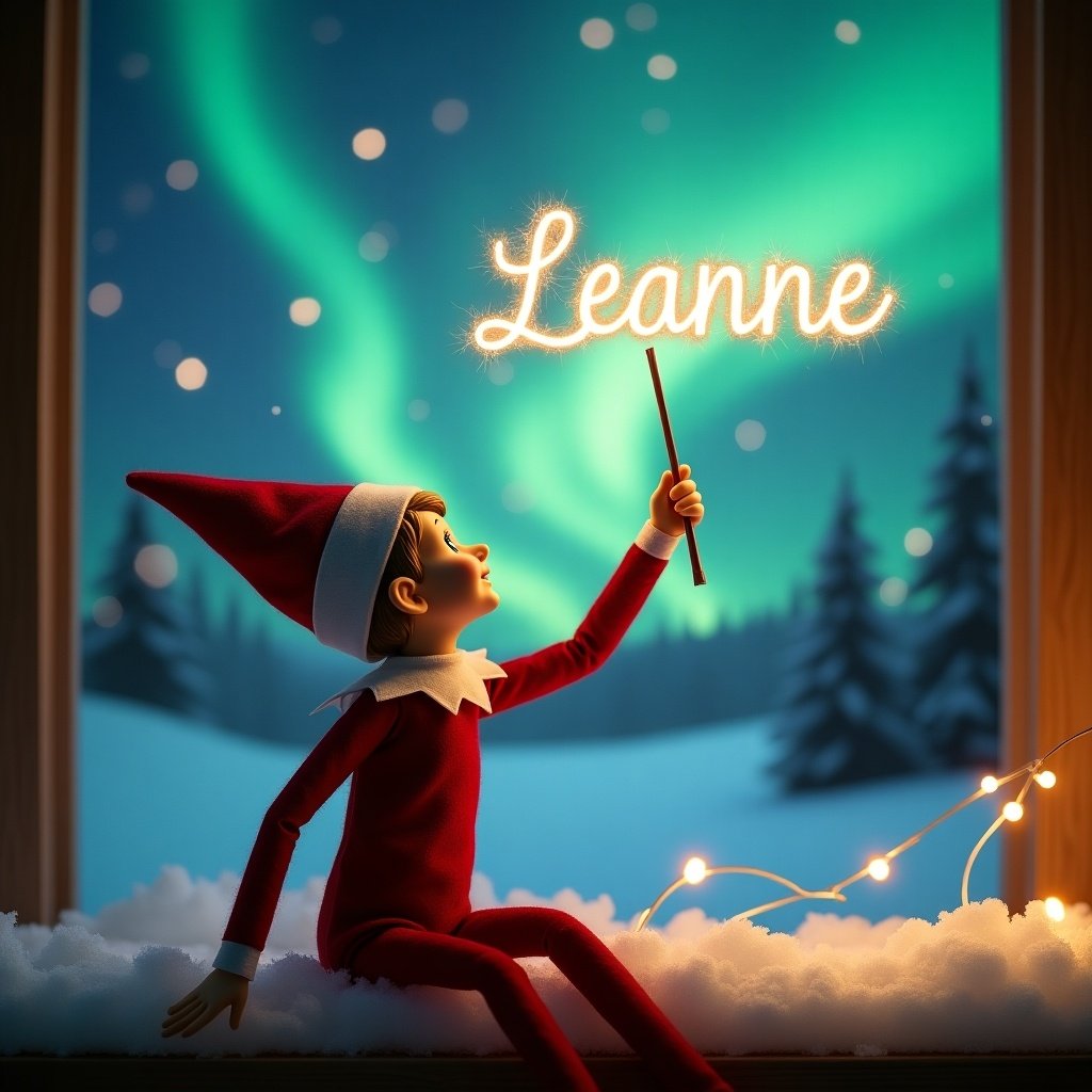 This image captures a charming holiday scene with a girl elf on the shelf. The elf, dressed in a classic red outfit, has its back to the viewer. It gazes up towards the vibrant northern lights illuminating the sky. In one hand, the elf holds a magic wand, writing the name 'Leanne' in sparkles. A snowy ground completes this serene and enchanting atmosphere, making it a perfect holiday moment.