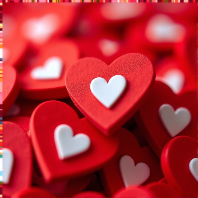 A pile of red heart shapes with small white hearts on them.