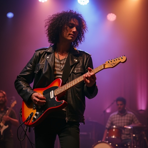 Biracial male playing electric guitar on stage. Curly black hair visible. Dressed in a leather jacket. Close focus on guitar and performer. Engaged audience in the backdrop. Colors and lighting create vibrant atmosphere.