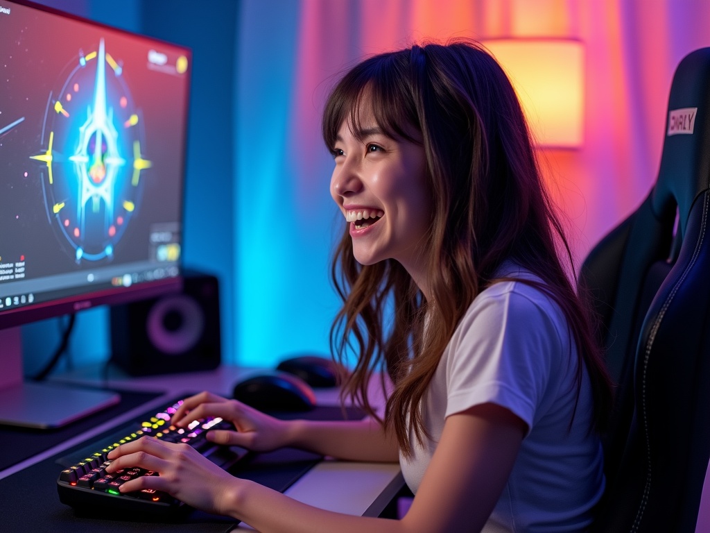 Pretty girl sits at gaming desk. She is laughing and engaged in live streaming. Bright colored keyboard and gaming monitor with visual elements in the background.