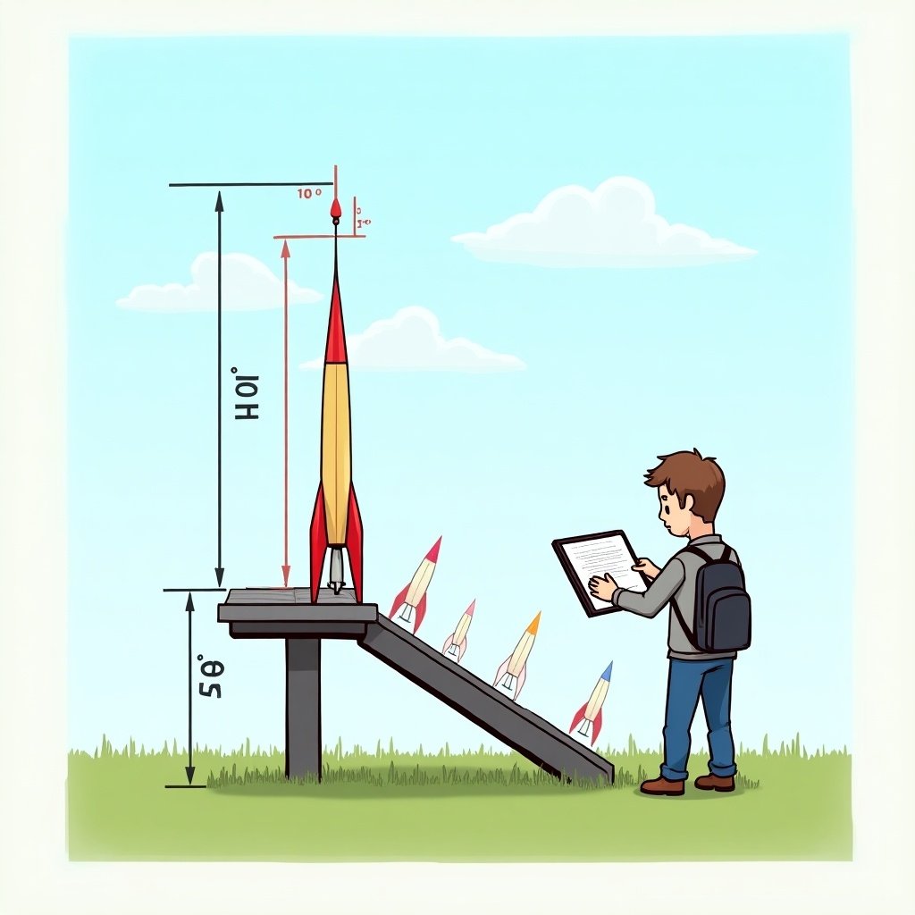 A child stands near a launch ramp for model rockets. The ramp is sloped at a 40-degree angle. The child holds a clipboard and looks at the ramp. Several model rockets point skyward. The ramp sits on a platform that is 5 meters high.