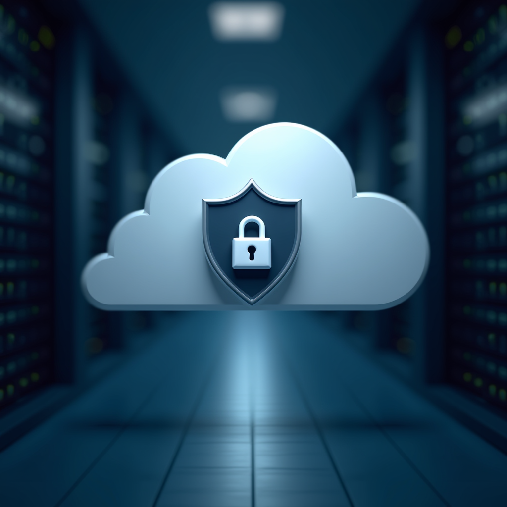 The image depicts a stylized representation of cloud security within a data center environment. In the foreground, there is a large, symbolic cloud graphic with a security shield and a padlock icon in its center, indicating security and protection. The setting is a dimly lit data center, seen with rows of server racks in the background, highlighting a high-tech atmosphere. The colors are primarily shades of blue and gray, enhancing the modern and secure feel of the image.