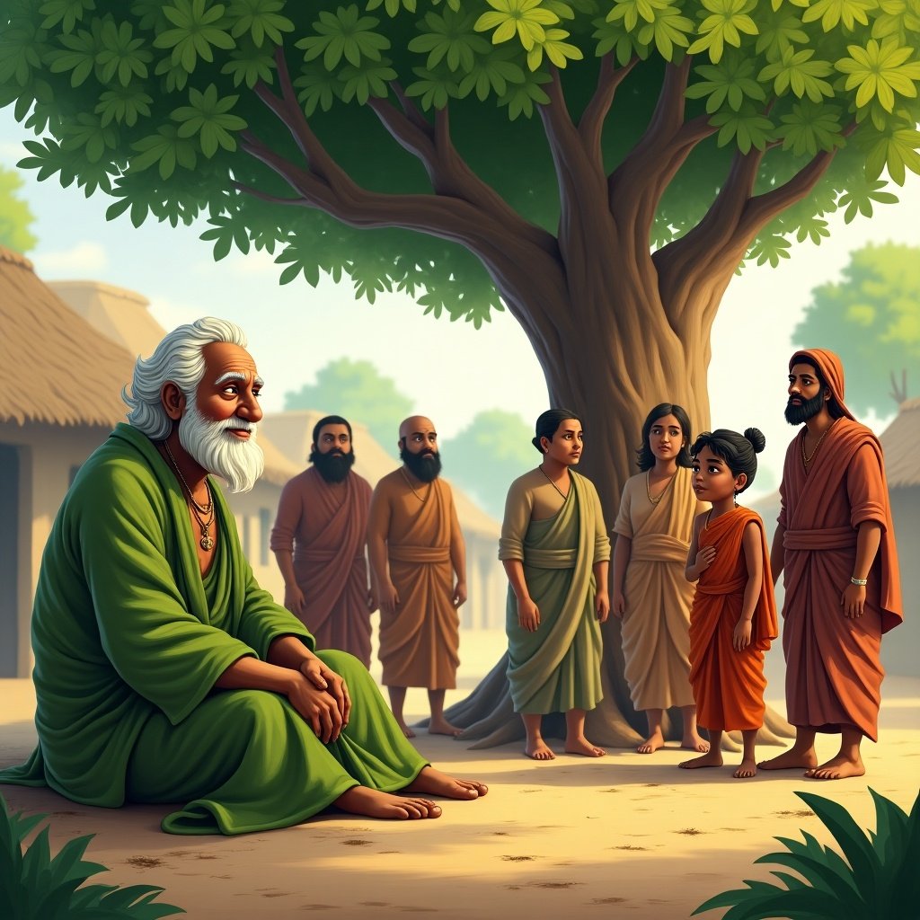 A village scene with villagers gathered around an elderly man under a peepal tree. The man has a serene expression and wears green robes. The villagers, including a boy and a woman, are listening intently. Simple huts and greenery are in the background with sunlight filtering through.