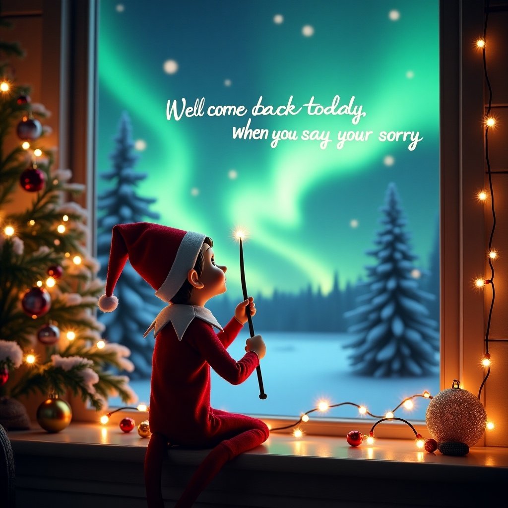 An elf on the shelf gazes up at the sky. The elf holds a wand. Writing 'We will come back today when you say your sorry' in the sky. Northern Lights in the backdrop. A decorated Christmas tree in the cozy room. Twinkling lights and ornaments add holiday spirit. Outside, snow-covered trees and a serene winter landscape present.