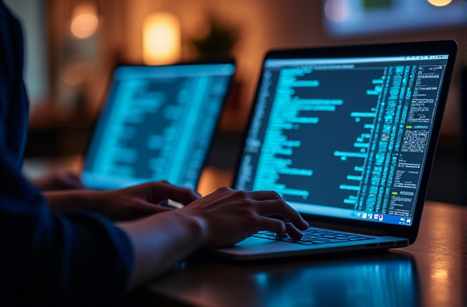 Two people are working on laptops with code displayed in a dimly lit room.