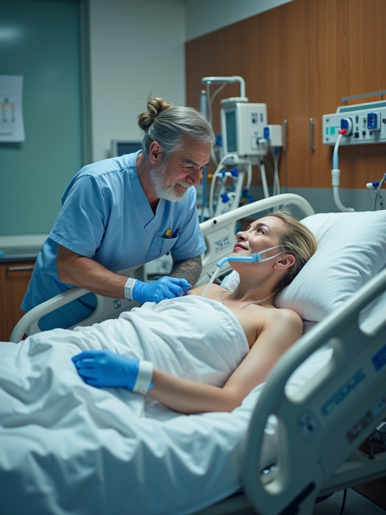 ICU setting with a patient on a ventilator receiving care. A healthcare professional is assisting the patient in bed. The room is equipped with medical devices. Calm atmosphere with appropriate lighting.