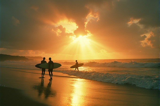 Three silhouetted surfers walk along a golden shoreline as the sun sets, casting vibrant rays through dramatic clouds.