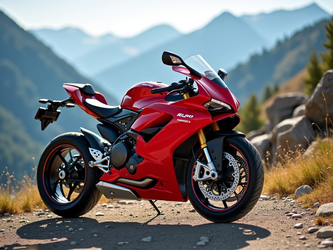 This image features a striking red motorcycle parked on a rocky hillside amidst a stunning mountain backdrop. The motorcycle is sleek and modern, showcasing its aerodynamic design and sporty features. Its shiny red paint is complemented by black and gold accents, making it stand out against the natural landscape. The surrounding mountains are slightly blurred in the background, emphasizing the bike's presence in the foreground. The scene appears peaceful, with gentle sunlight illuminating the motorcycle and nearby grass, creating a perfect setting for an adventurous ride.