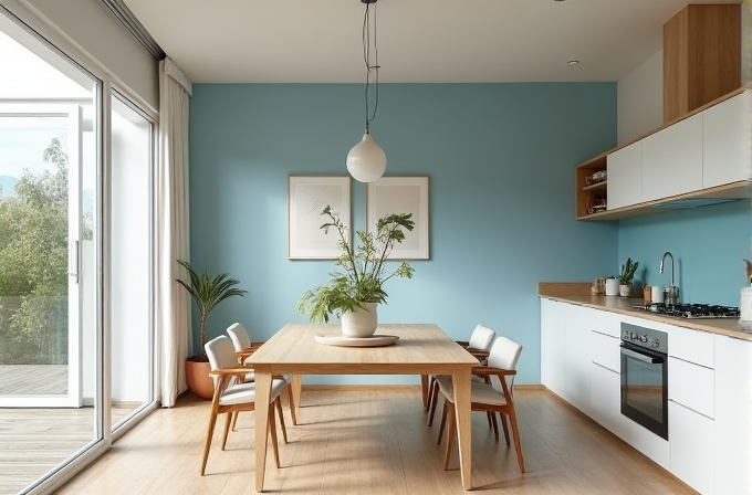 A modern kitchen and dining area with a wooden table, blue wall, and large windows letting in natural light.