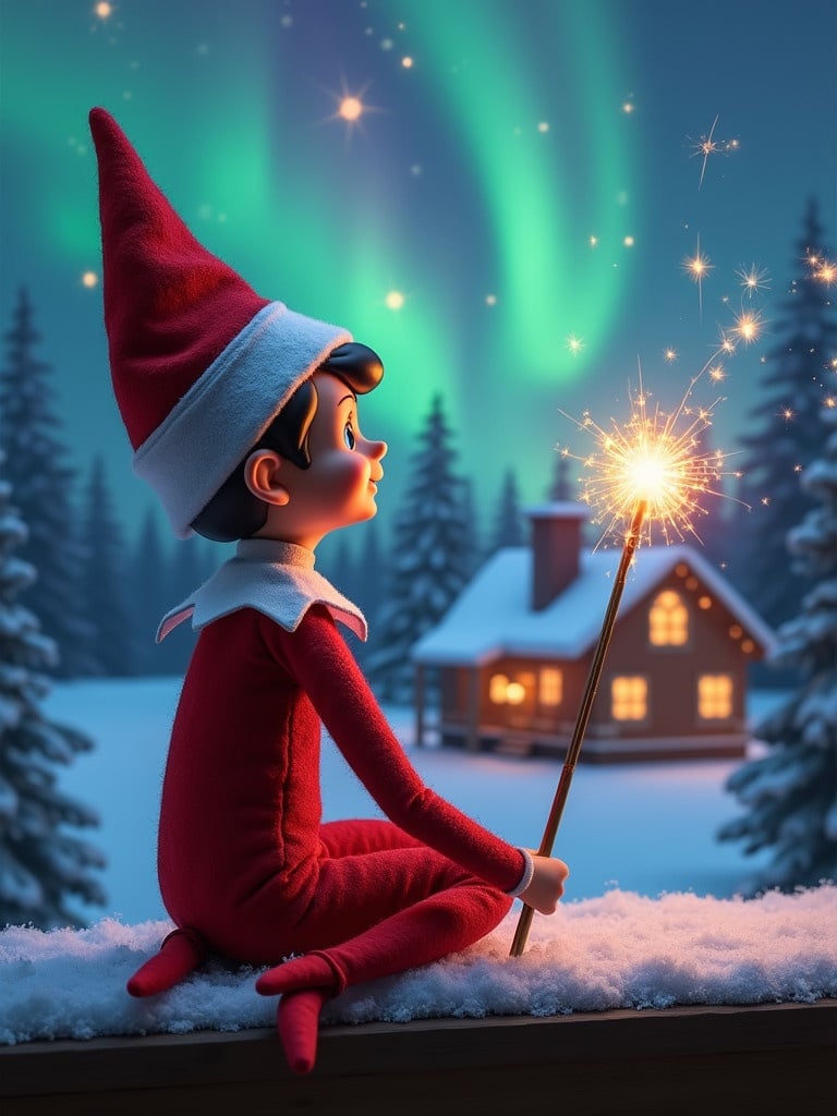 An elf sits quietly in a snowy landscape. The elf looks up at the colorful northern lights. A cozy house is seen in the background. The elf holds a wand that glows. The scene radiates the magic of Christmas.