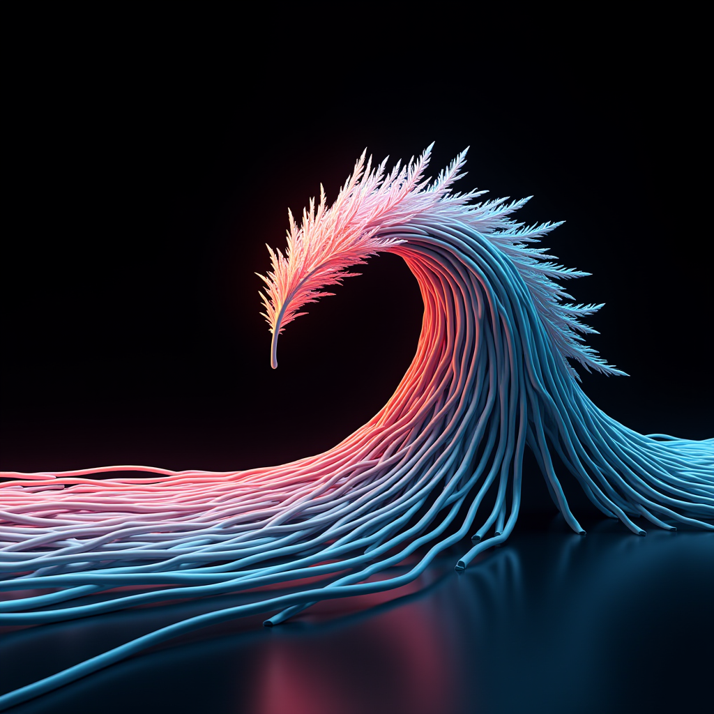 A surreal wave made of twisting, neon-colored threads against a dark background.