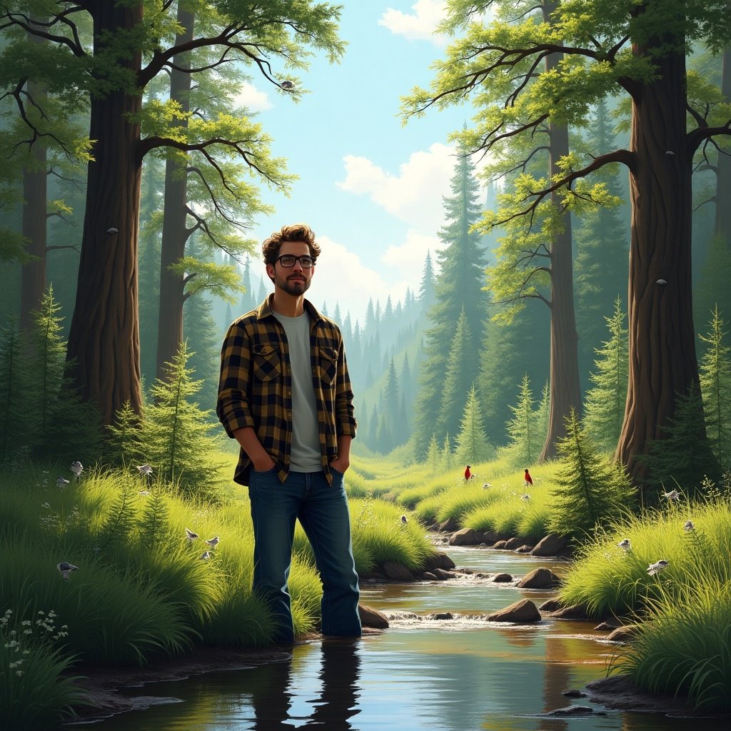 A scenic view of a young man standing by a stream in a dense forest. Tall trees surround the scene, with a bright sky visible above. The water reflects the greenery. A serene and adventurous atmosphere is present.