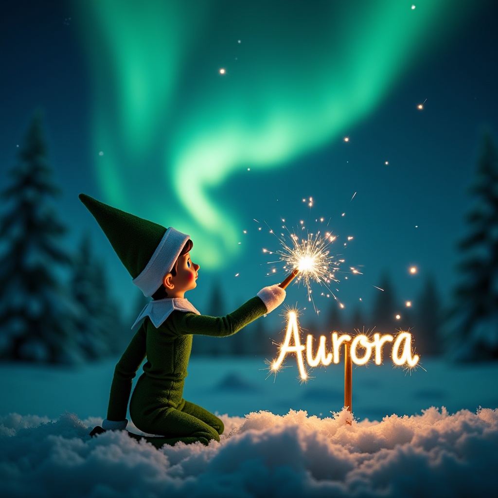 This image showcases an elf on the shelf positioned with its back to the viewer. The elf, dressed in a green outfit, is facing up towards a beautiful dark sky filled with vibrant northern lights. With a magic wand in hand, it is elegantly writing the name Aurora in sparkling letters against the backdrop. The snowy ground adds a serene touch to the magical scene. The overall atmosphere is filled with wonder and holiday joy, perfect for capturing the essence of Christmas.