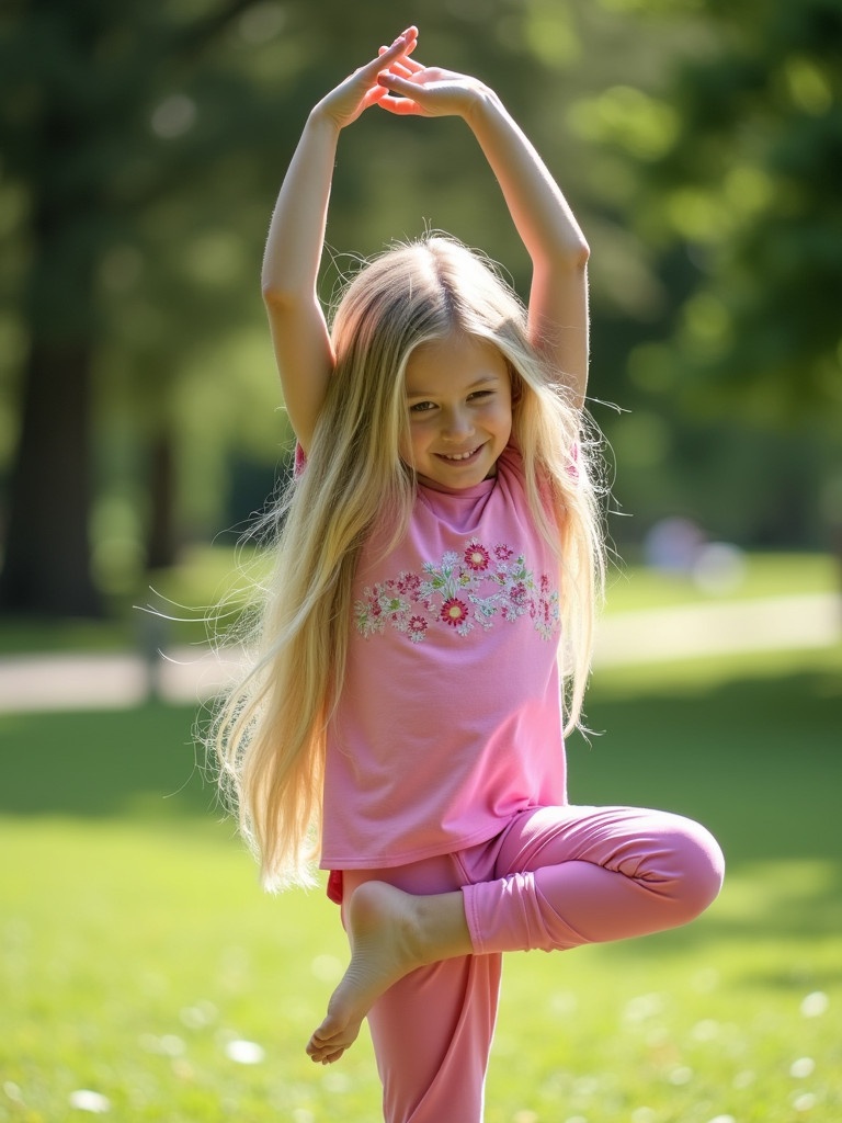 Young girl with long blonde hair wears a pink outfit with floral details. She is practicing the cat cow pose in a park. The setting is green and sunny.