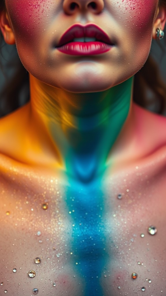 A creative depiction of a woman's painted neck and shoulders blending vibrant rainbow hues.