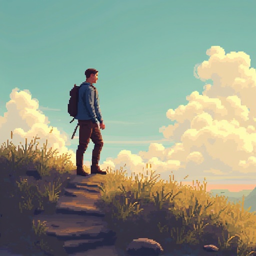 A pixel art representation of a man standing on a hill. The man gazes towards a bright horizon, framed by fluffy clouds and green grass. A sense of adventure and success emanates from the scene.