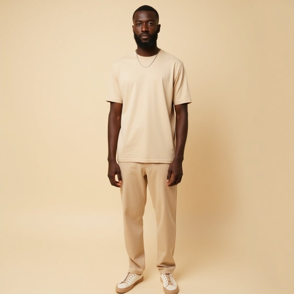 The image showcases a man standing against a neutral beige background. He is wearing a matching beige t-shirt and pants. The simplicity of the outfit and setting highlights the minimalist aesthetic, focusing attention on the clean lines and understated style of the clothing. The soft lighting enhances the warm tones, presenting a calm and inviting atmosphere. This look is perfect for those who appreciate subtlety in fashion and want to embrace a chic, casual style.