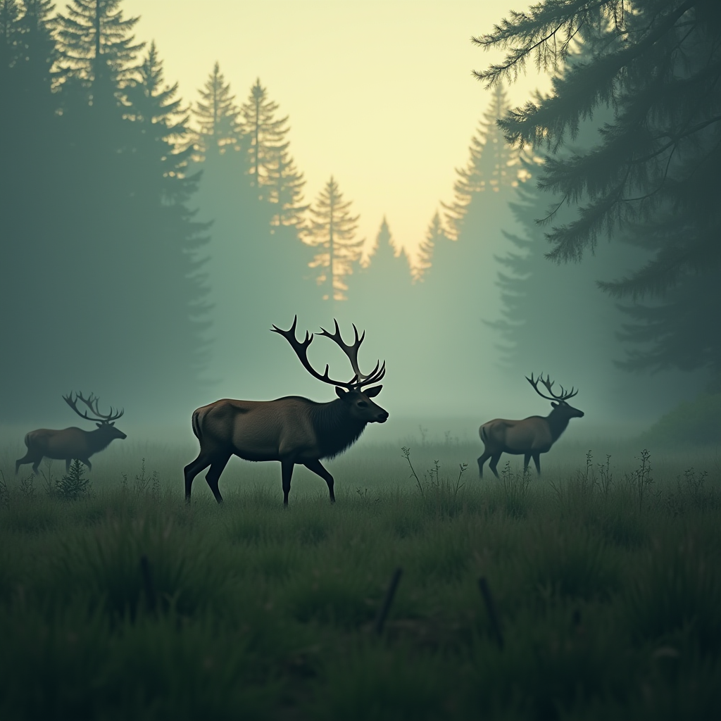 A serene scene of elk walking through a misty forest at dawn.