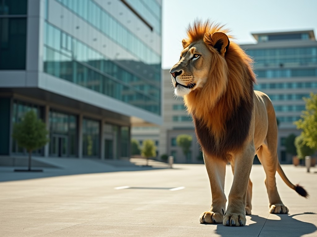 The image showcases a lion confidently walking in front of a modern office building. The lion's mane is full and striking, radiating a sense of majesty. This scene uniquely combines wildlife with an urban environment. The bright sunlight highlights the lion's features, making it the focal point. In the background, sleek office buildings create a sophisticated ambiance, blending nature with modern architecture.