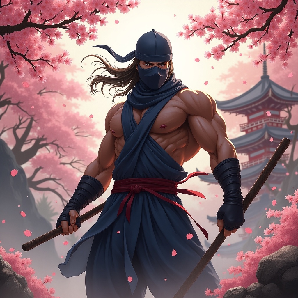 Handsome ninja with a muscular body in action. Beautiful Japanese landscape with sakura flowers. Highly detailed.