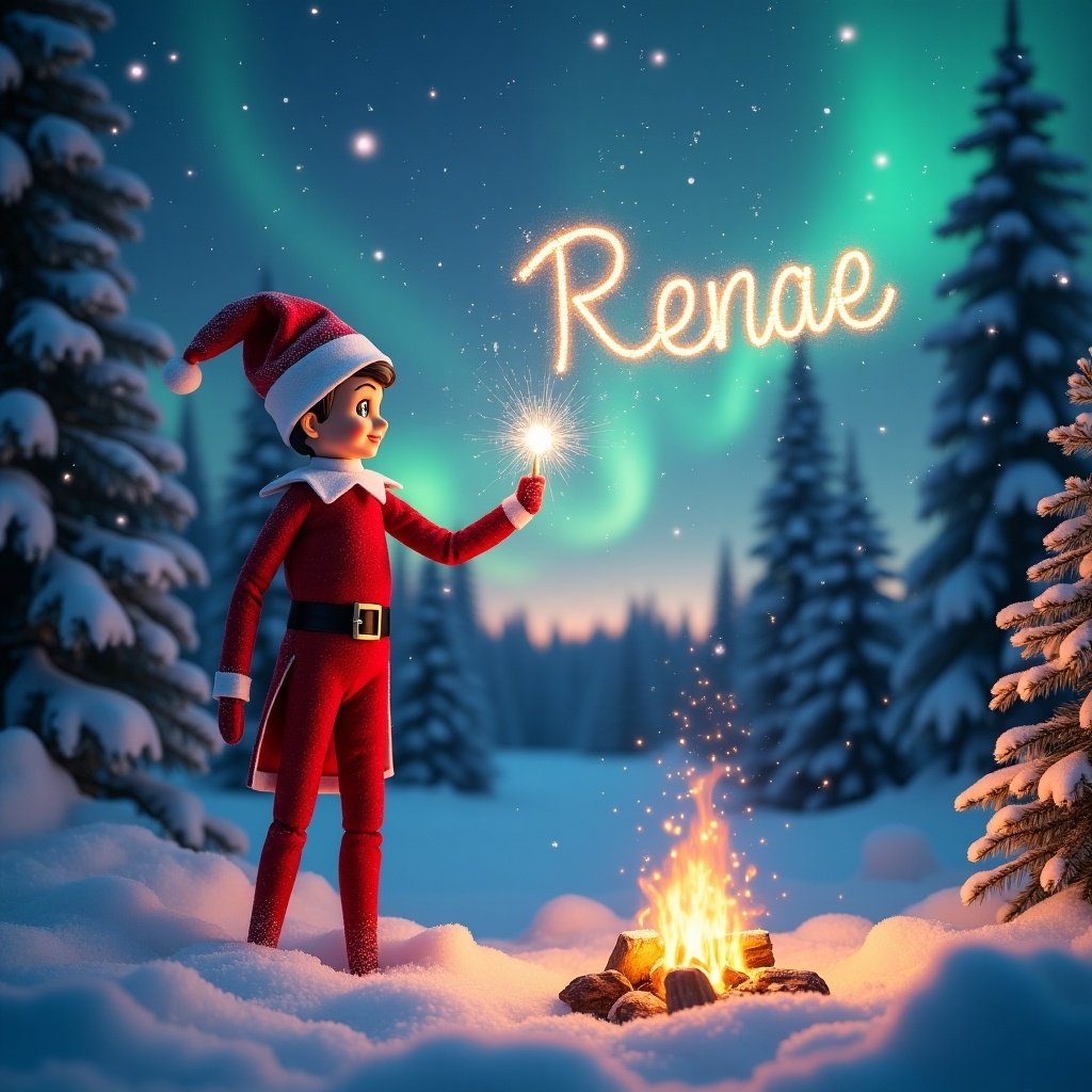 A traditional red elf on the shelf stands in a snowy forest at night. The elf writes 'Renae' in sparkling letters. Snowflakes dance around the elf. The horizon features northern lights in pink, purple, and turquoise hues. A campfire glows nearby with a Christmas tree in the background.