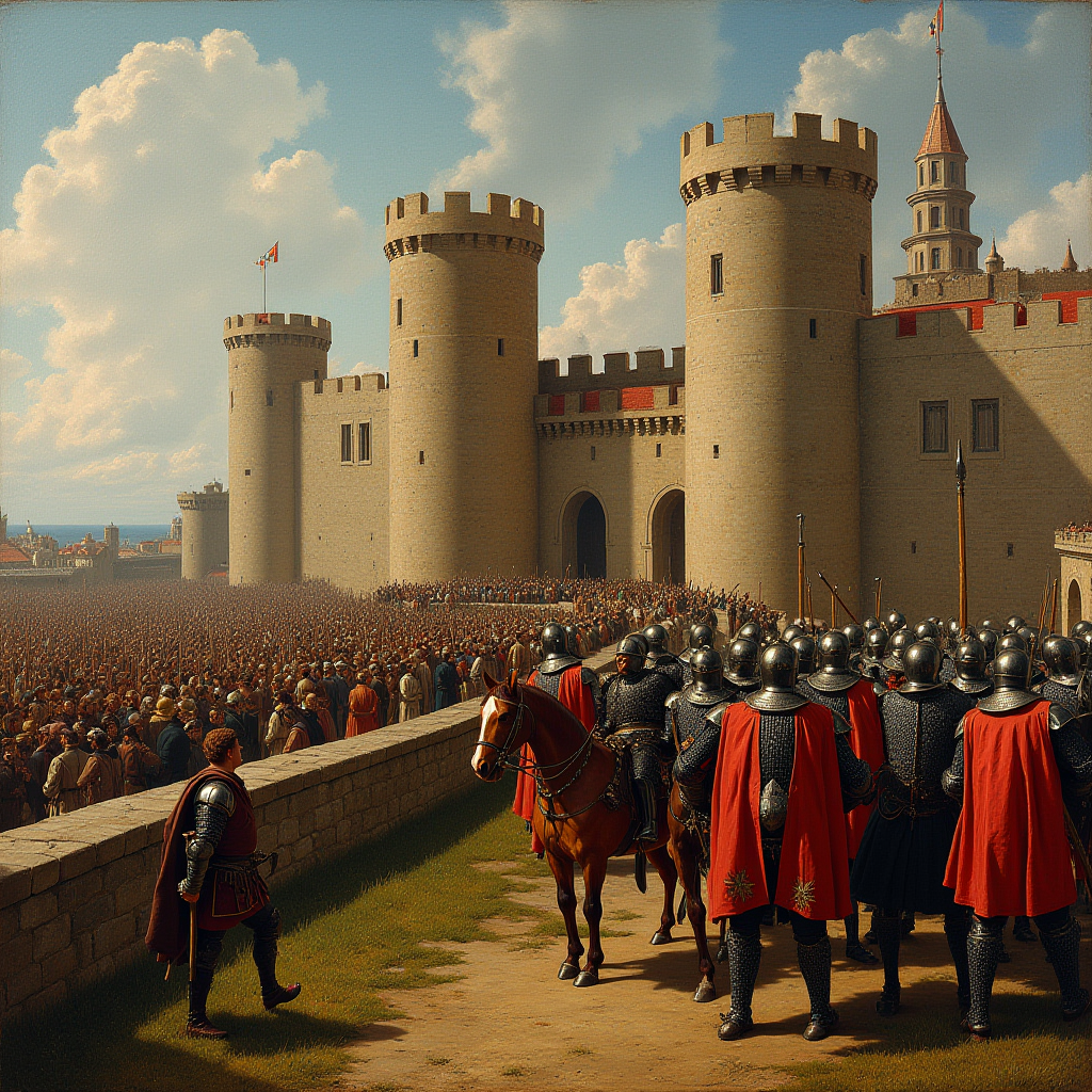 A large crowd gathers outside a medieval castle with soldiers in armor and red capes standing in formation.