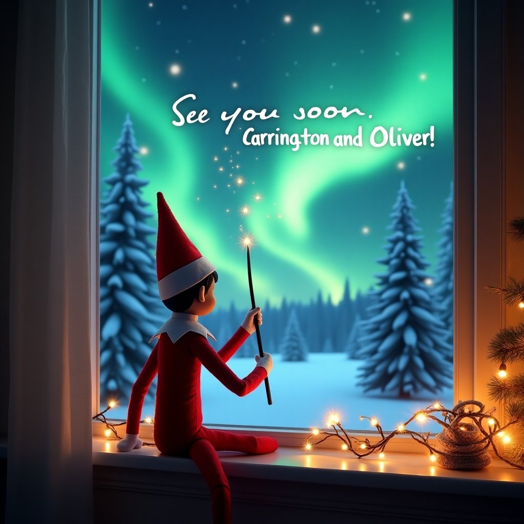 The image features an elf sitting on the ledge of a window, looking out at a beautiful winter scene. He has his back to the viewer, wearing a classic red elf outfit. The elf is using a magical wand to write 'See you soon, Carrington and Oliver!' in the sky. The window showcases a snowy landscape with tall, snow-covered trees and vibrant Northern Lights illuminating the night. The room is decorated for Christmas, adding to the cozy and festive atmosphere.