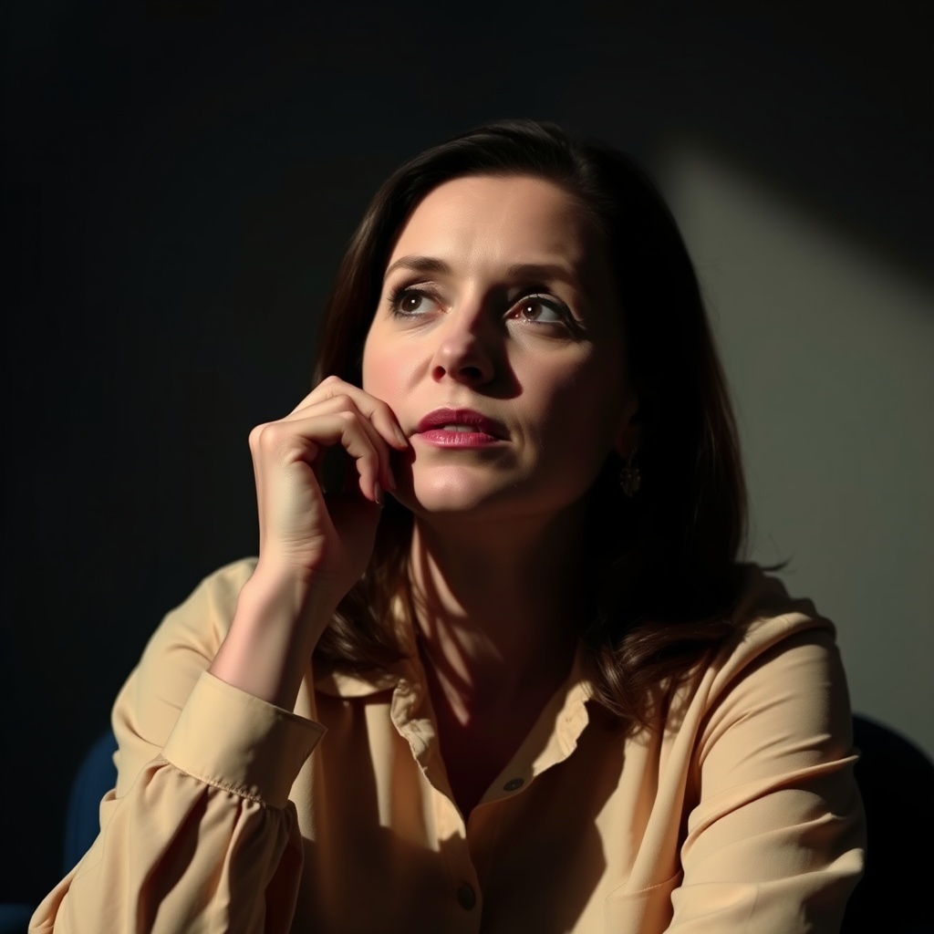 A woman in thoughtful contemplation, partially illuminated against a dark background.