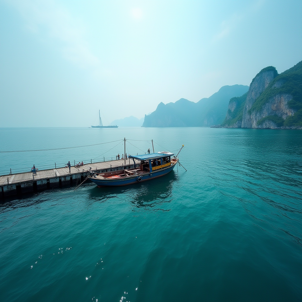 A small boat is docked at a pier with mountains in the background and calm turquoise water.