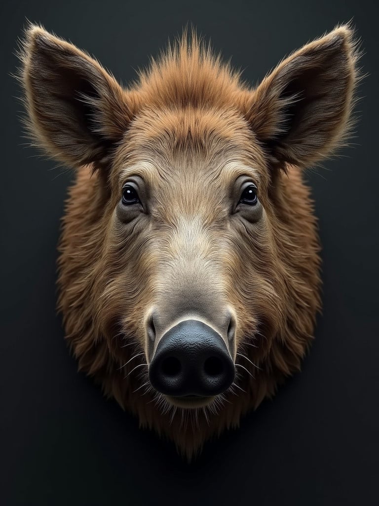 Boar head mounted on dark background. Realistic details and textures. The focus is on the boar's features and expression.