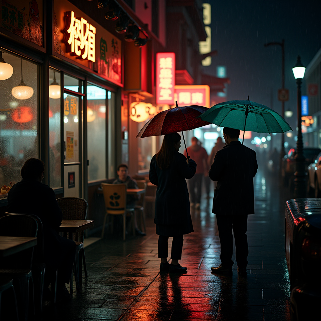 Two people stand under umbrellas on a rain-soaked street lined with glowing neon signs and a warmly lit café, creating a moody and atmospheric scene.