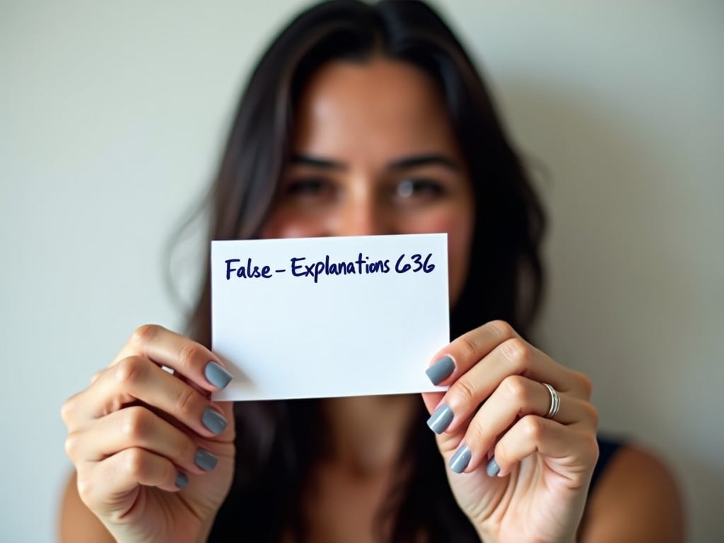 The image features a woman holding a blank white card in front of her. She is smiling in a way that suggests engagement with what the card presents. The text on the card, 'False - Explanations C36', is written in bold, dark script, making it clear and easily readable. The background is soft and minimal, placing emphasis on the card and the woman. The overall tone is warm and inviting, suggesting a friendly, educational context.