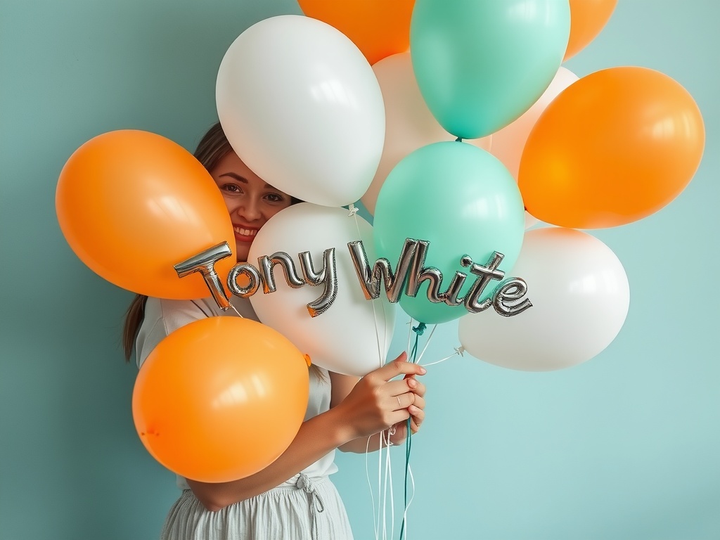 A person holding a bunch of colorful balloons with 'Tony White' written on one.