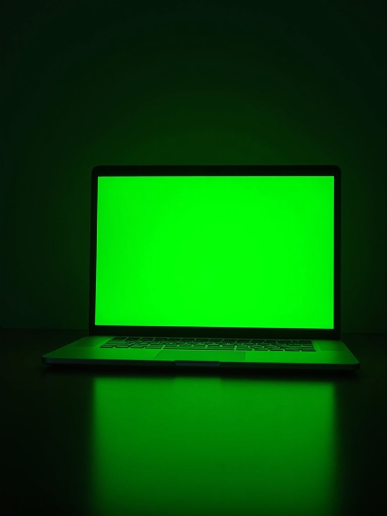 Laptop screen glowing solid green in a dimly lit room with a green hue.